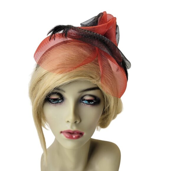 Red and Black Headband Fascinator with Black and Red Rosettes Black Feathers - Picture 3 of 13